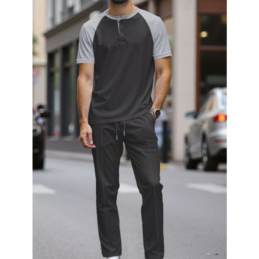 Men’s Full Size Casual Two-Tone Raglan Sleeve Tee and Pants Set Plus Size Black / S Apparel and Accessories