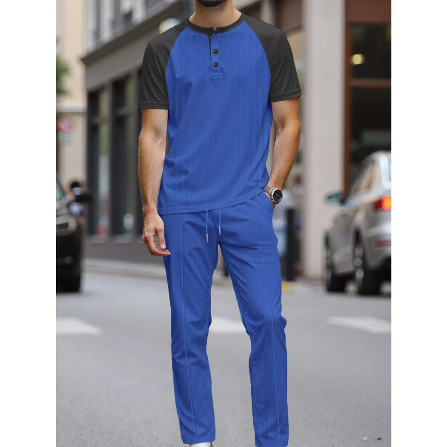 Men’s Full Size Casual Two-Tone Raglan Sleeve Tee and Pants Set Plus Size Blue / S Apparel and Accessories