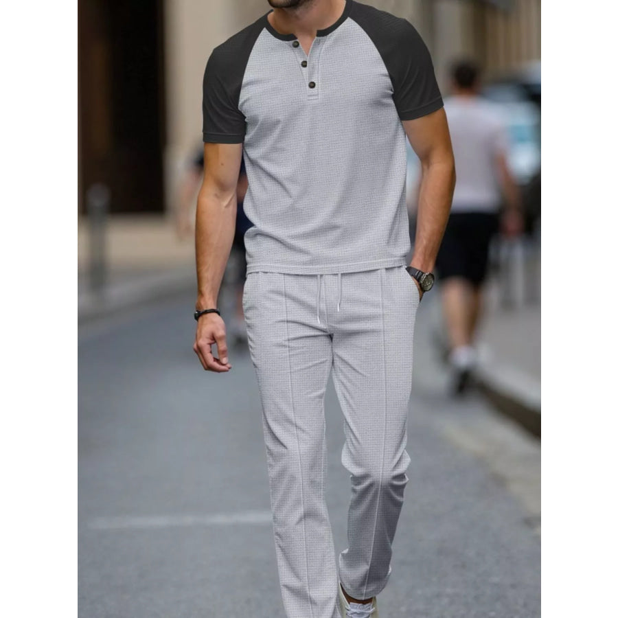 Men’s Full Size Casual Two-Tone Raglan Sleeve Tee and Pants Set Plus Size Grey / S Apparel and Accessories