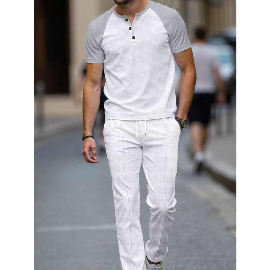 Men’s Full Size Casual Two-Tone Raglan Sleeve Tee and Pants Set Plus Size White / S Apparel and Accessories