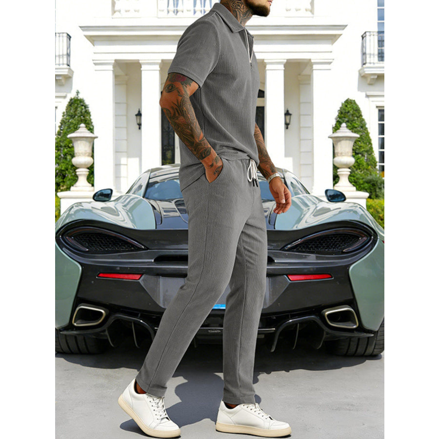 Men’s Full Size Casual Zipper Polo Shirt and Drawstring Pants Set Plus Size Apparel and Accessories