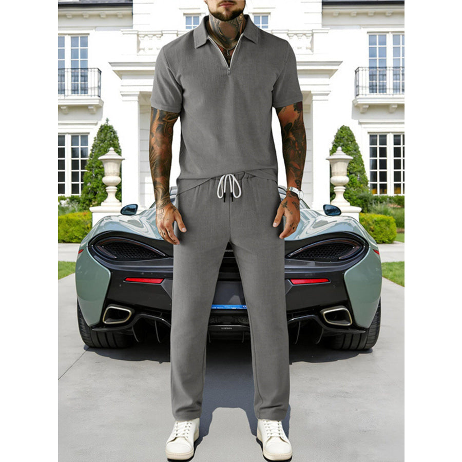 Men’s Full Size Casual Zipper Polo Shirt and Drawstring Pants Set Plus Size Apparel and Accessories