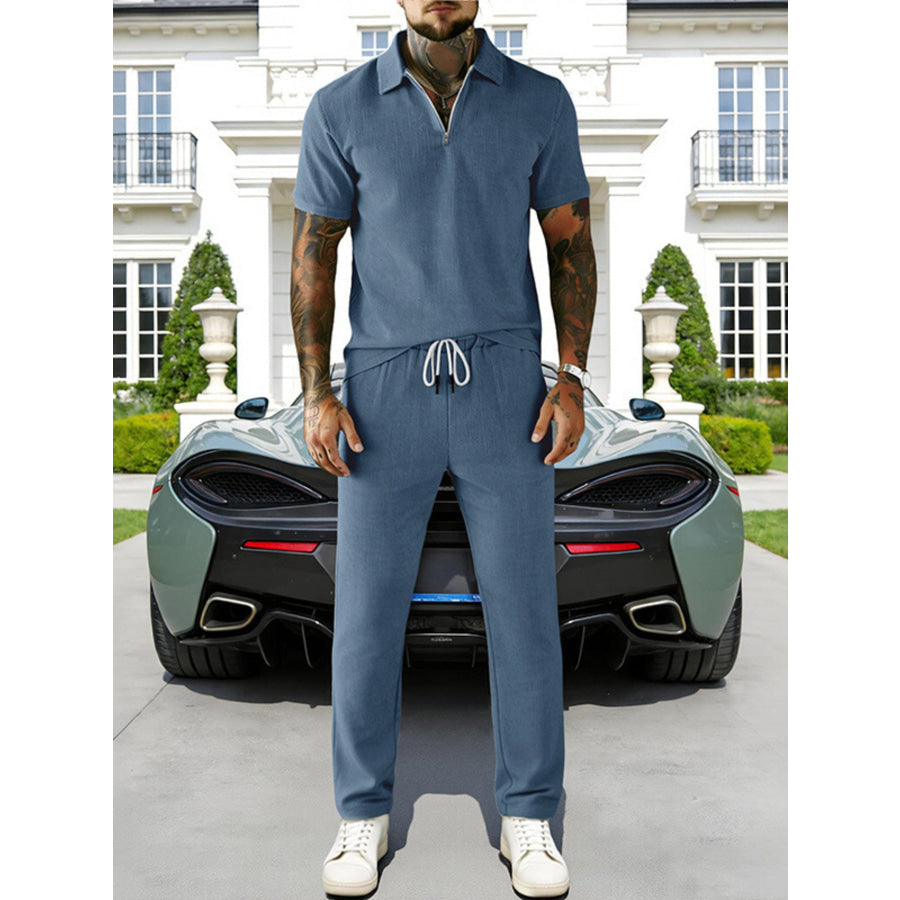 Men’s Full Size Casual Zipper Polo Shirt and Drawstring Pants Set Plus Size Apparel and Accessories