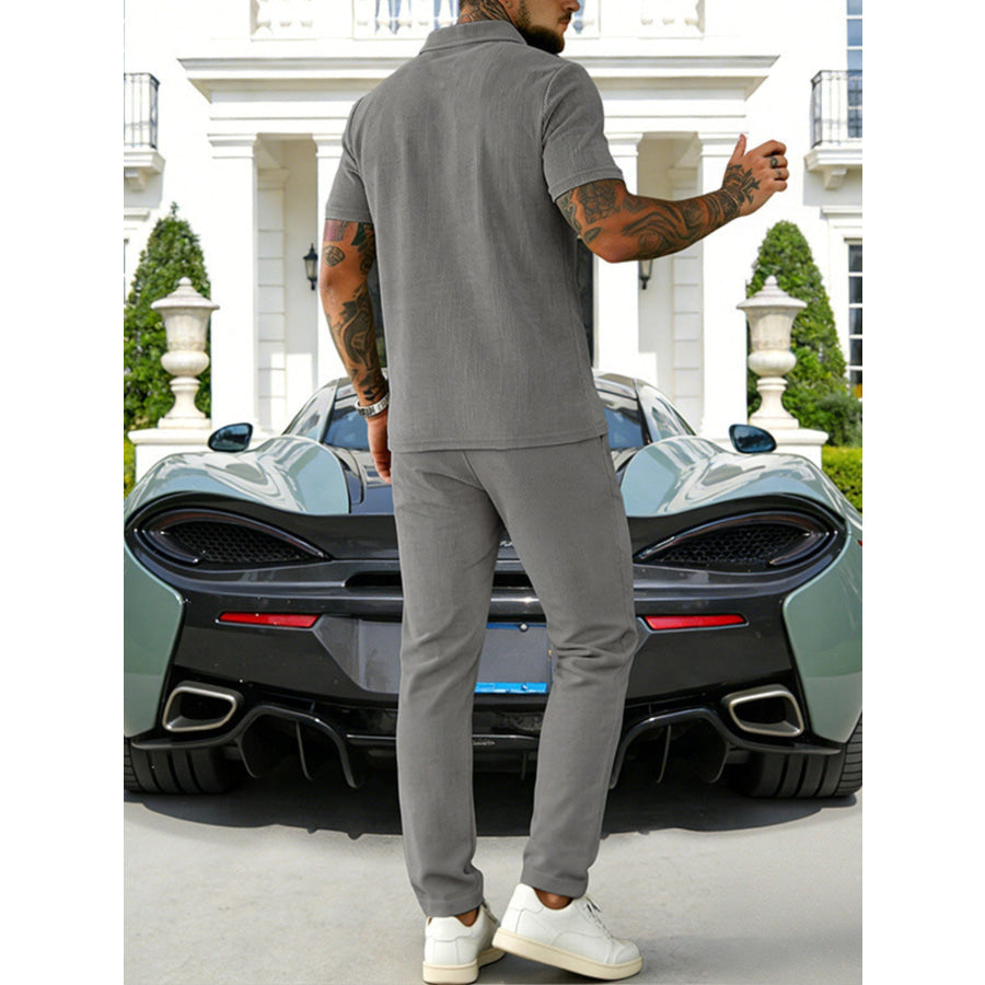 Men’s Full Size Casual Zipper Polo Shirt and Drawstring Pants Set Plus Size Apparel and Accessories