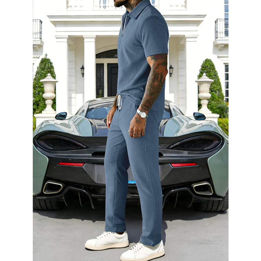 Men’s Full Size Casual Zipper Polo Shirt and Drawstring Pants Set Plus Size Apparel and Accessories