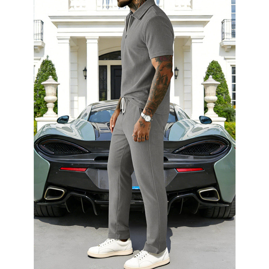 Men’s Full Size Casual Zipper Polo Shirt and Drawstring Pants Set Plus Size Apparel and Accessories