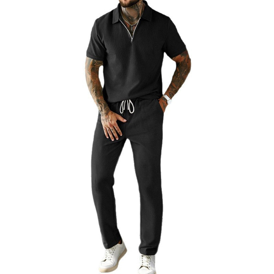 Men’s Full Size Casual Zipper Polo Shirt and Drawstring Pants Set Plus Size Black / S Apparel and Accessories