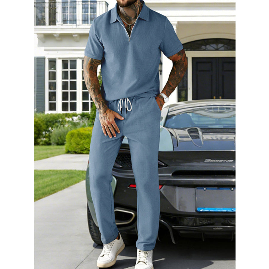 Men’s Full Size Casual Zipper Polo Shirt and Drawstring Pants Set Plus Size Blue / S Apparel and Accessories