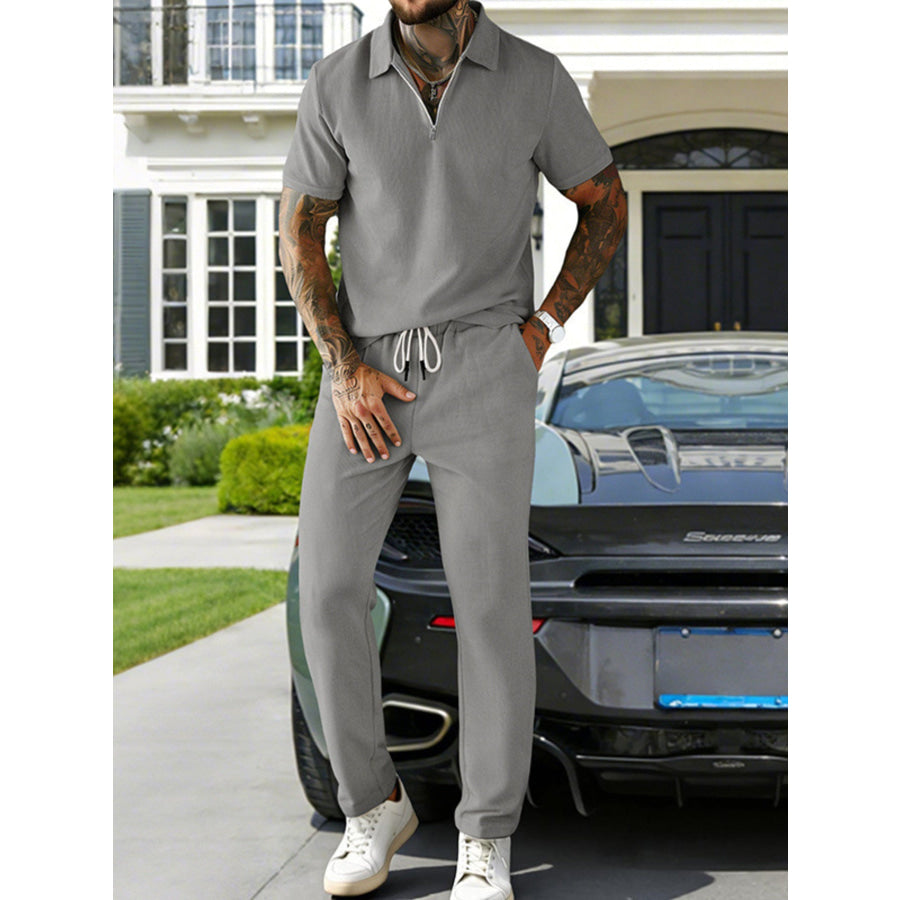 Men’s Full Size Casual Zipper Polo Shirt and Drawstring Pants Set Plus Size Gray / S Apparel and Accessories