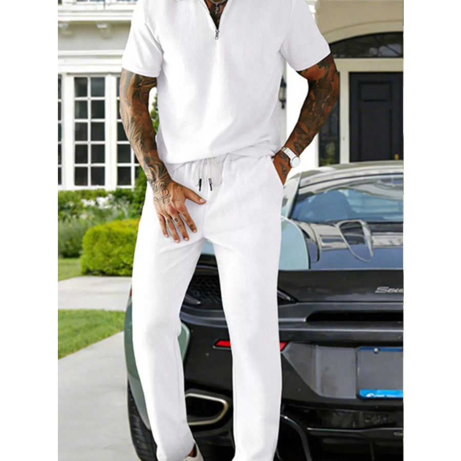 Men’s Full Size Casual Zipper Polo Shirt and Drawstring Pants Set Plus Size White / S Apparel and Accessories