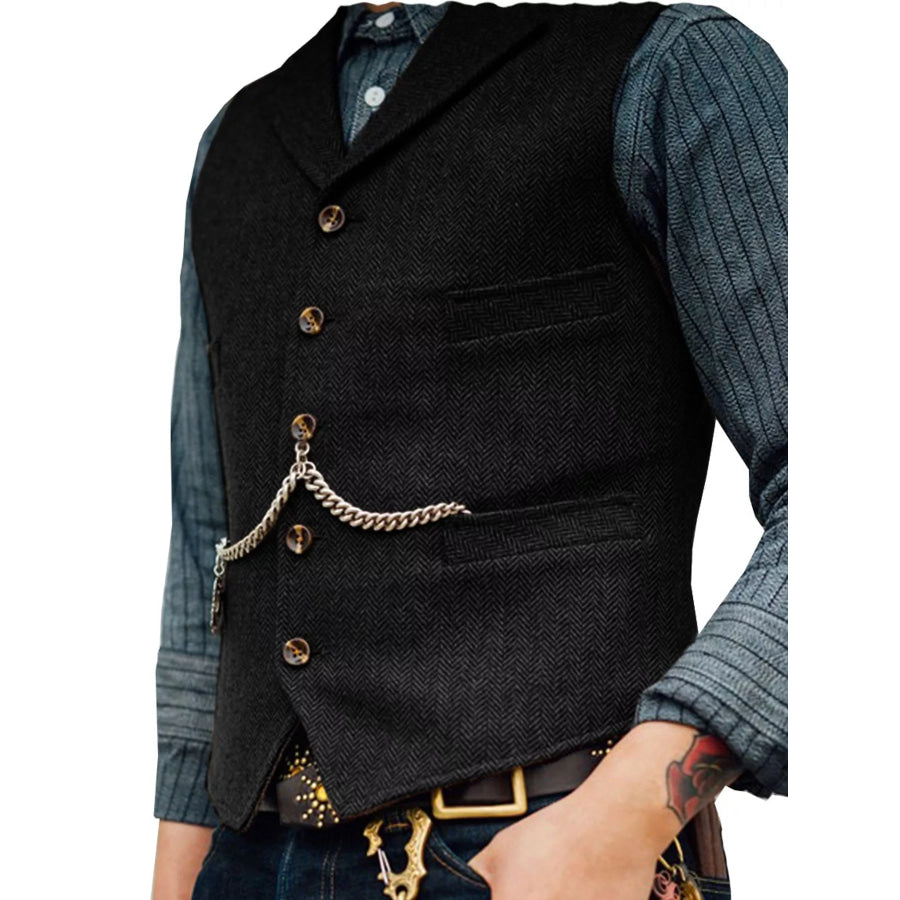 Men’s Full Size Chain Detail Button Up Vest Plus Black / XS Apparel and Accessories