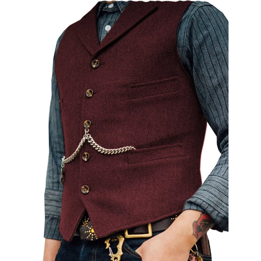 Men’s Full Size Chain Detail Button Up Vest Plus Burgundy / XS Apparel and Accessories