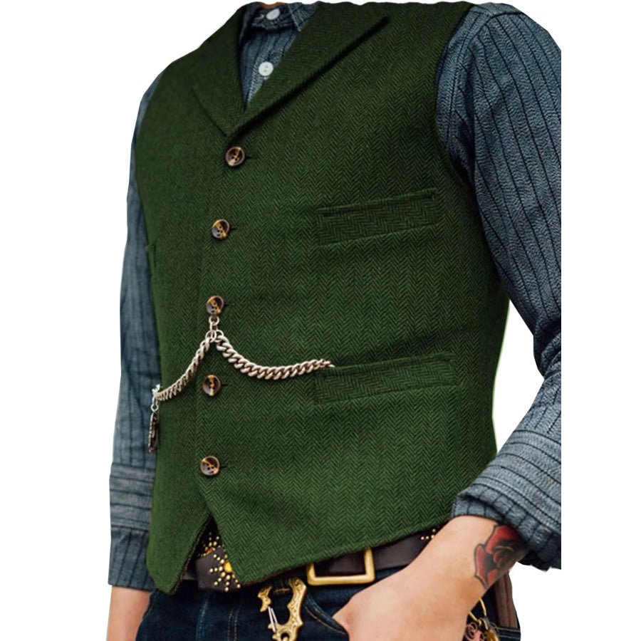 Men’s Full Size Chain Detail Button Up Vest Plus Green / XS Apparel and Accessories