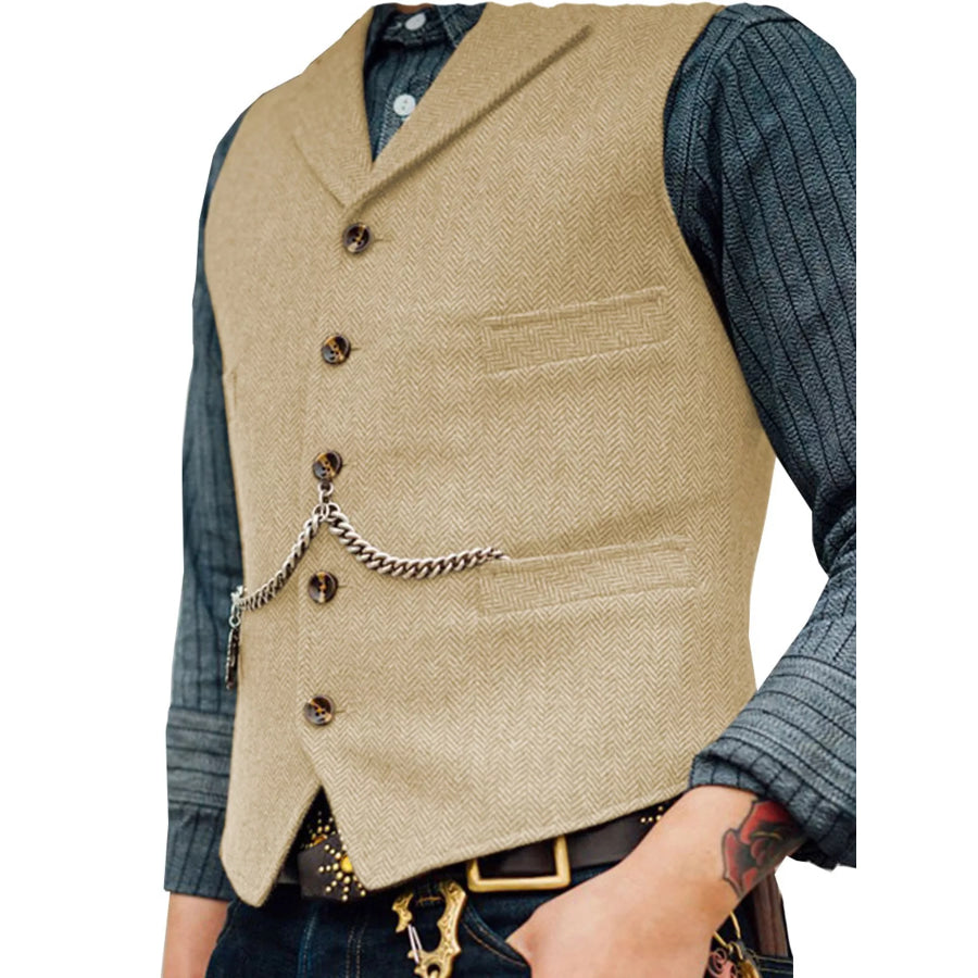 Men’s Full Size Chain Detail Button Up Vest Plus Tan / XS Apparel and Accessories