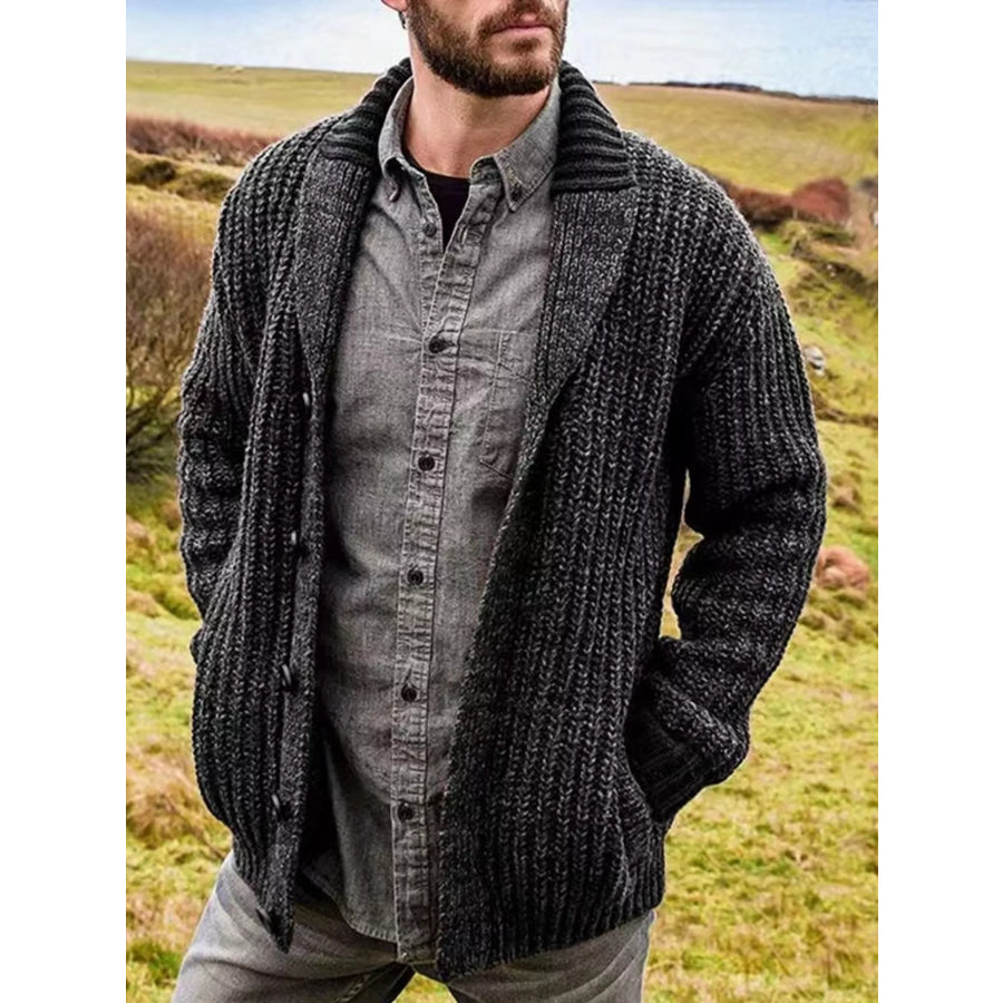 Men’s Full Size Chunky Knit Shawl Collar Cardigan Sweater Plus Black / S Apparel and Accessories
