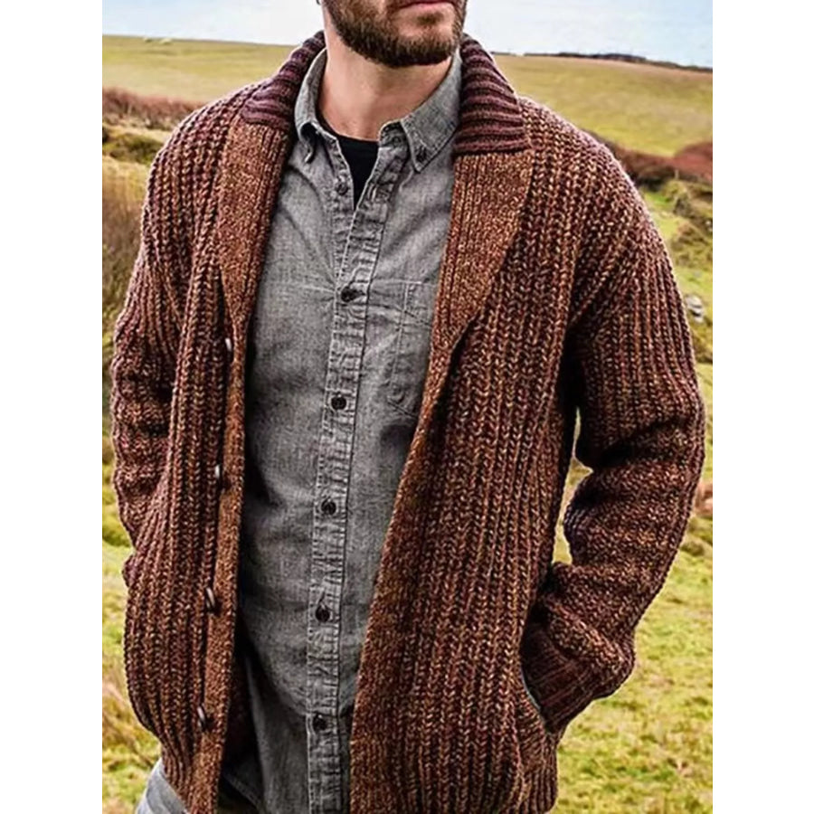 Men’s Full Size Chunky Knit Shawl Collar Cardigan Sweater Plus Black / S Apparel and Accessories
