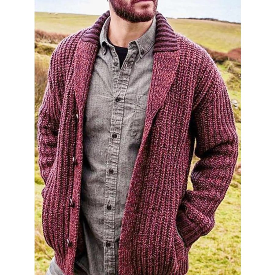 Men’s Full Size Chunky Knit Shawl Collar Cardigan Sweater Plus Deep Rose / S Apparel and Accessories
