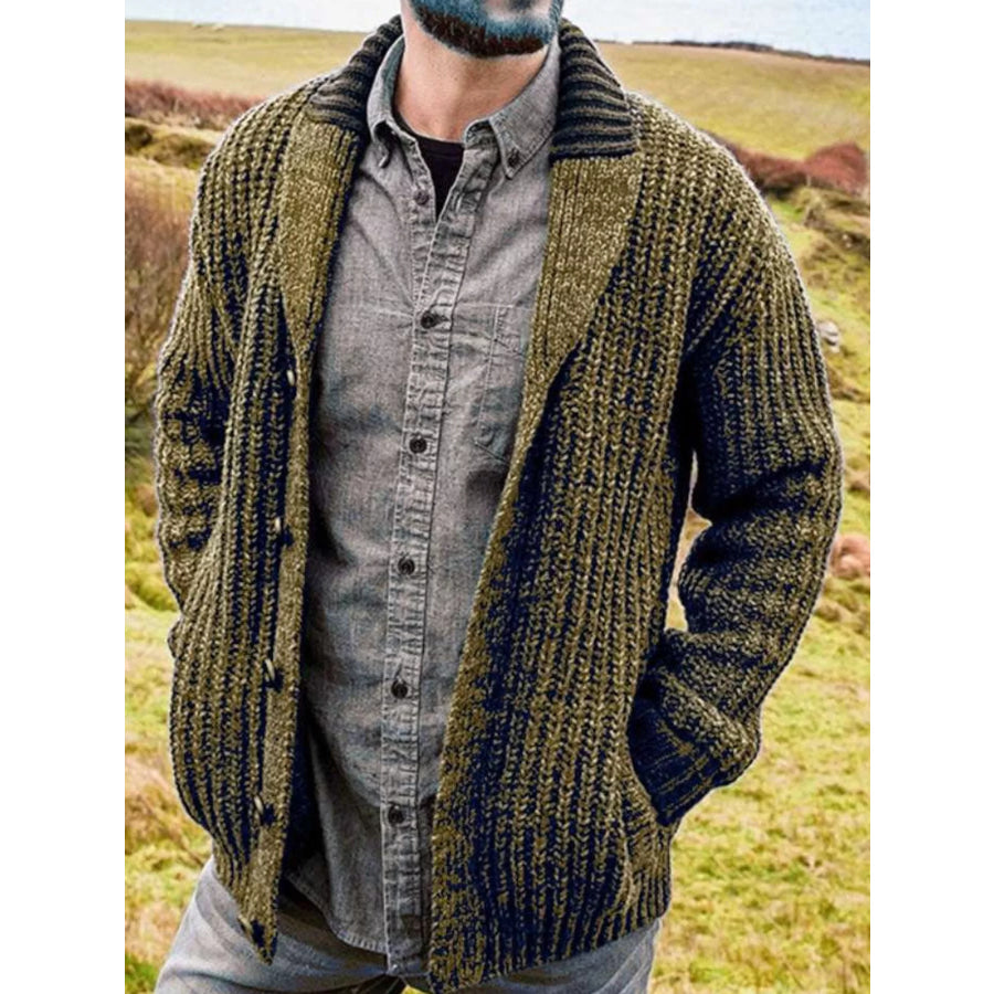 Men’s Full Size Chunky Knit Shawl Collar Cardigan Sweater Plus Olive / S Apparel and Accessories