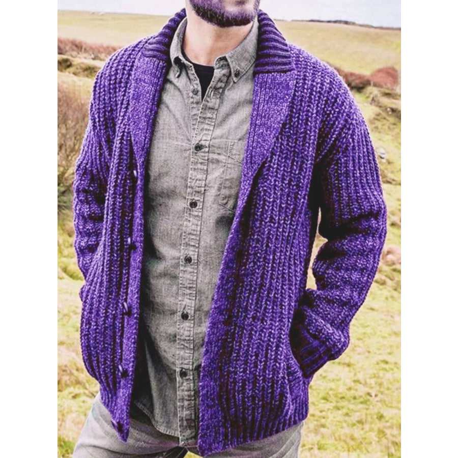 Men’s Full Size Chunky Knit Shawl Collar Cardigan Sweater Plus Purple / S Apparel and Accessories