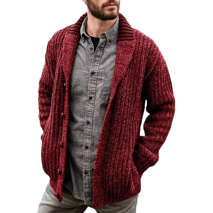 Men’s Full Size Chunky Knit Shawl Collar Cardigan Sweater Plus Red / S Apparel and Accessories