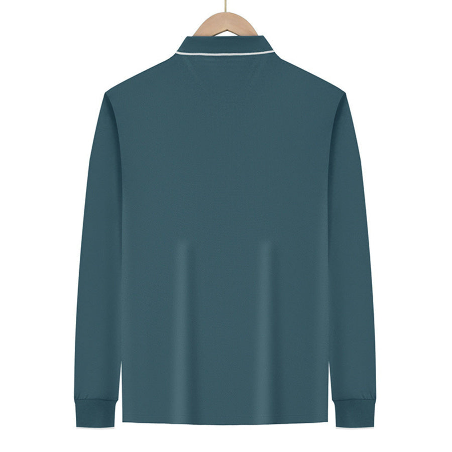 Men’s Full Size Classic Long-Sleeve Polo Shirt with Contrast Trim Plus Size Apparel and Accessories