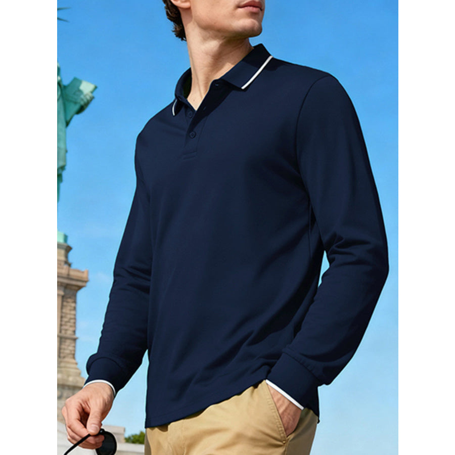 Men’s Full Size Classic Long-Sleeve Polo Shirt with Contrast Trim Plus Size Apparel and Accessories
