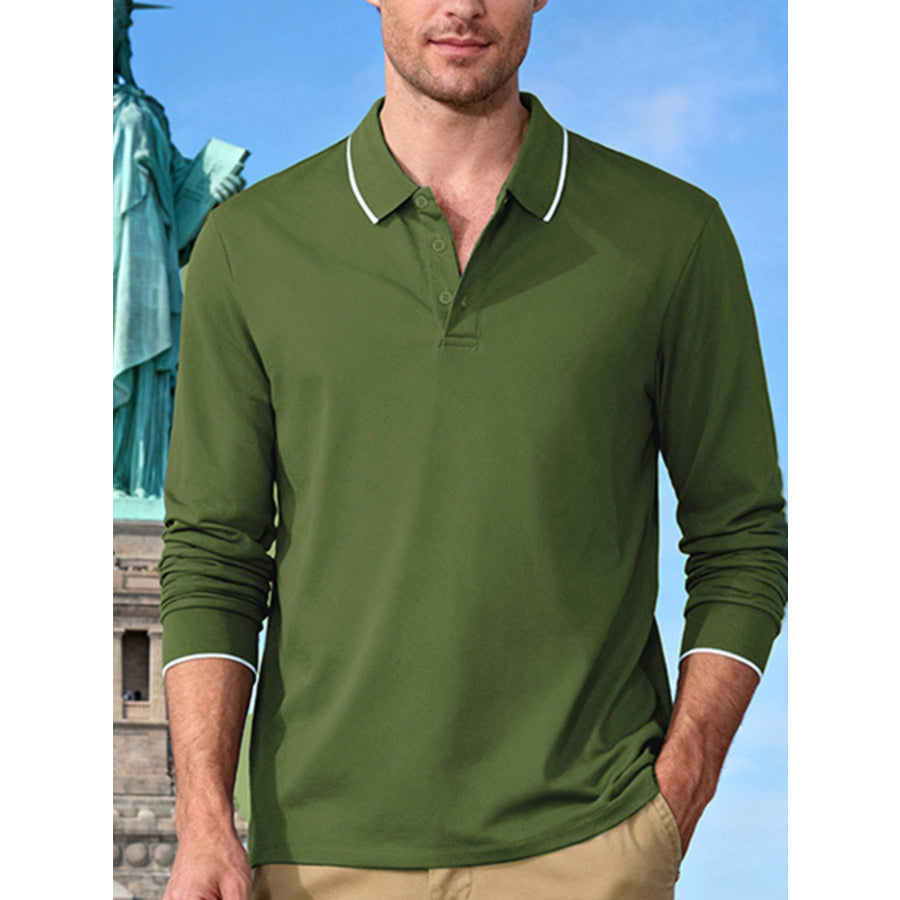 Men’s Full Size Classic Long-Sleeve Polo Shirt with Contrast Trim Plus Size Apparel and Accessories