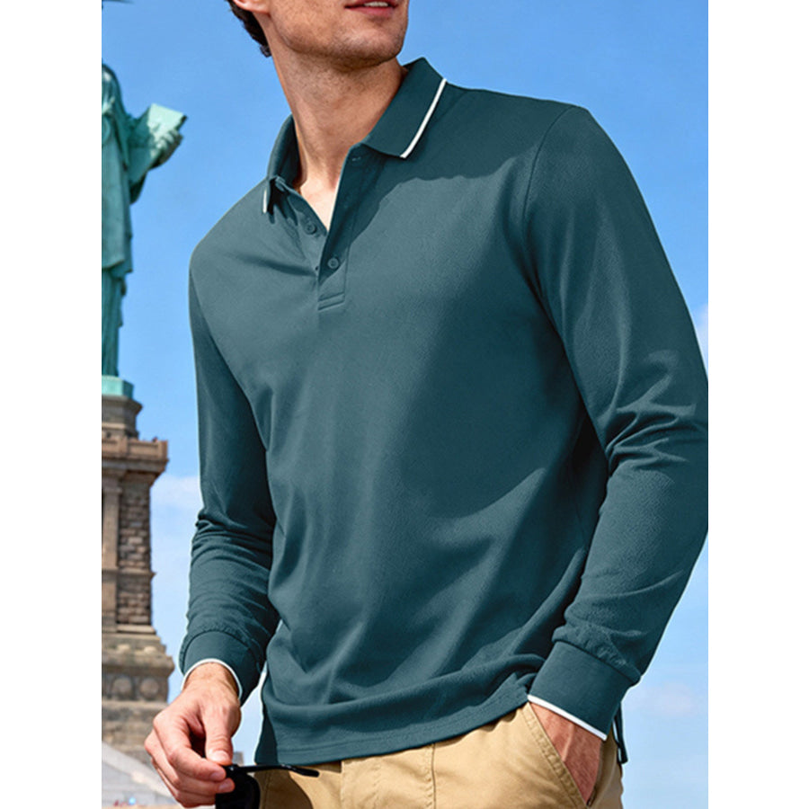 Men’s Full Size Classic Long-Sleeve Polo Shirt with Contrast Trim Plus Size Apparel and Accessories