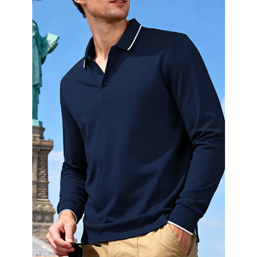 Men’s Full Size Classic Long-Sleeve Polo Shirt with Contrast Trim Plus Size Apparel and Accessories