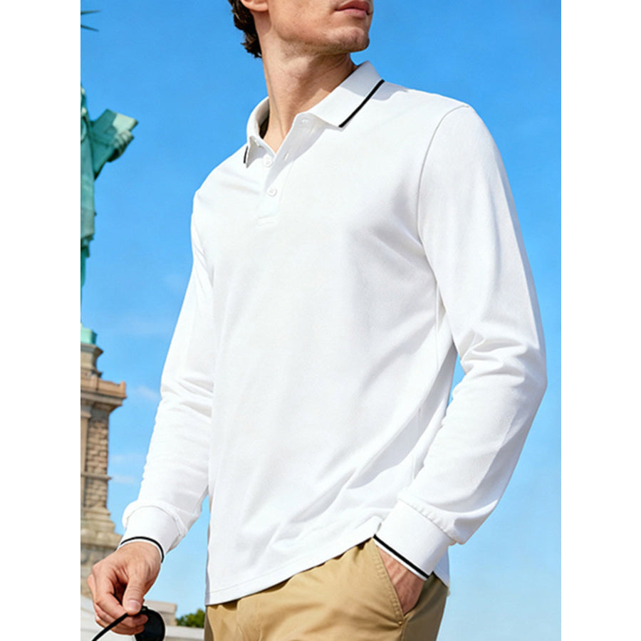 Men’s Full Size Classic Long-Sleeve Polo Shirt with Contrast Trim Plus Size Apparel and Accessories