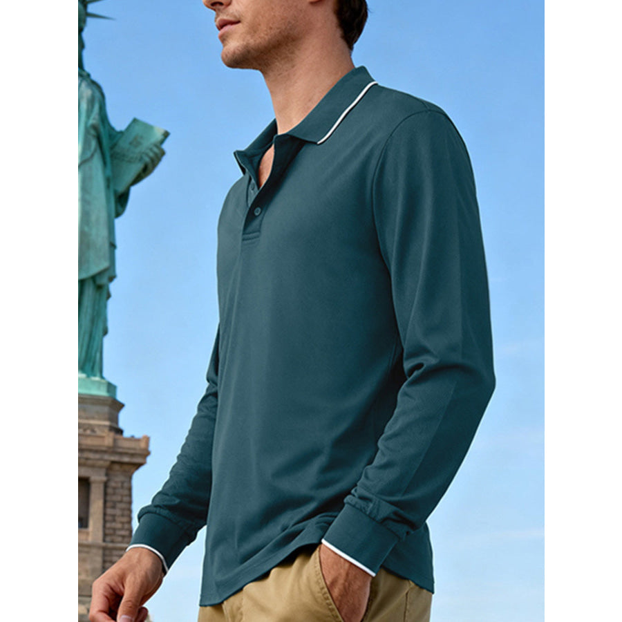 Men’s Full Size Classic Long-Sleeve Polo Shirt with Contrast Trim Plus Size Apparel and Accessories