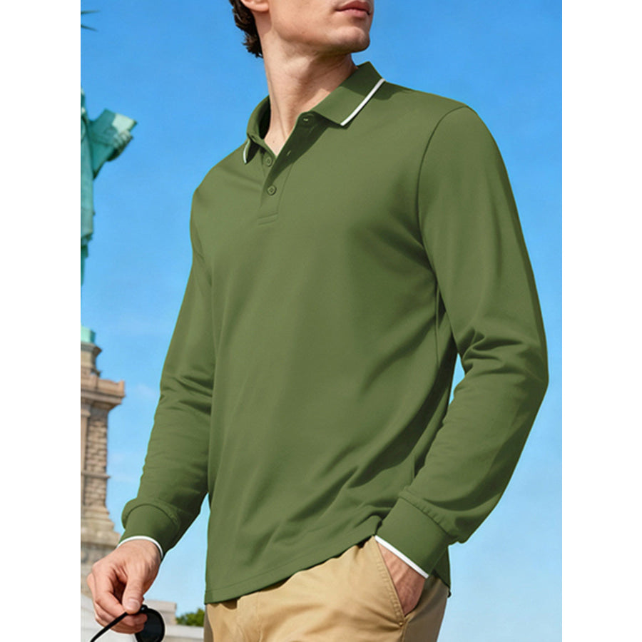 Men’s Full Size Classic Long-Sleeve Polo Shirt with Contrast Trim Plus Size Apparel and Accessories