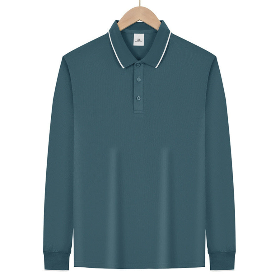 Men’s Full Size Classic Long-Sleeve Polo Shirt with Contrast Trim Plus Size Apparel and Accessories