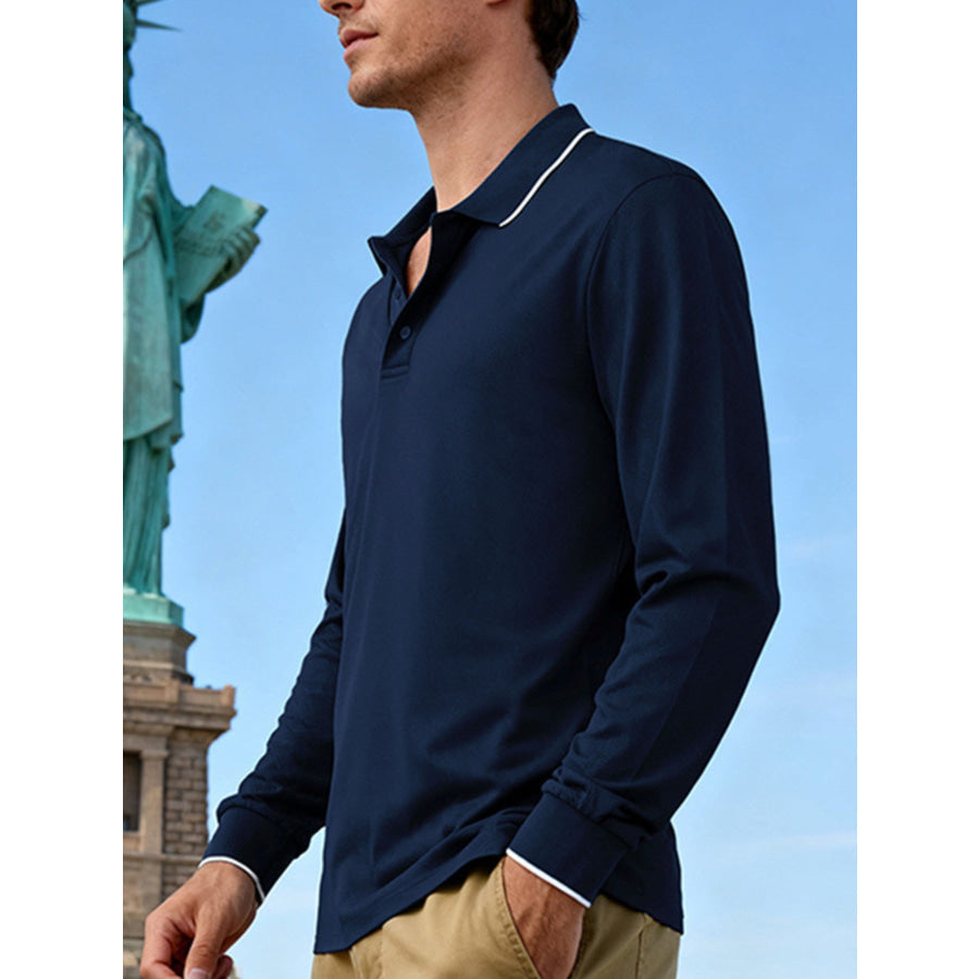 Men’s Full Size Classic Long-Sleeve Polo Shirt with Contrast Trim Plus Size Apparel and Accessories