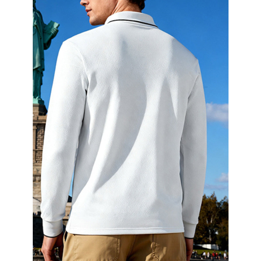 Men’s Full Size Classic Long-Sleeve Polo Shirt with Contrast Trim Plus Size Apparel and Accessories