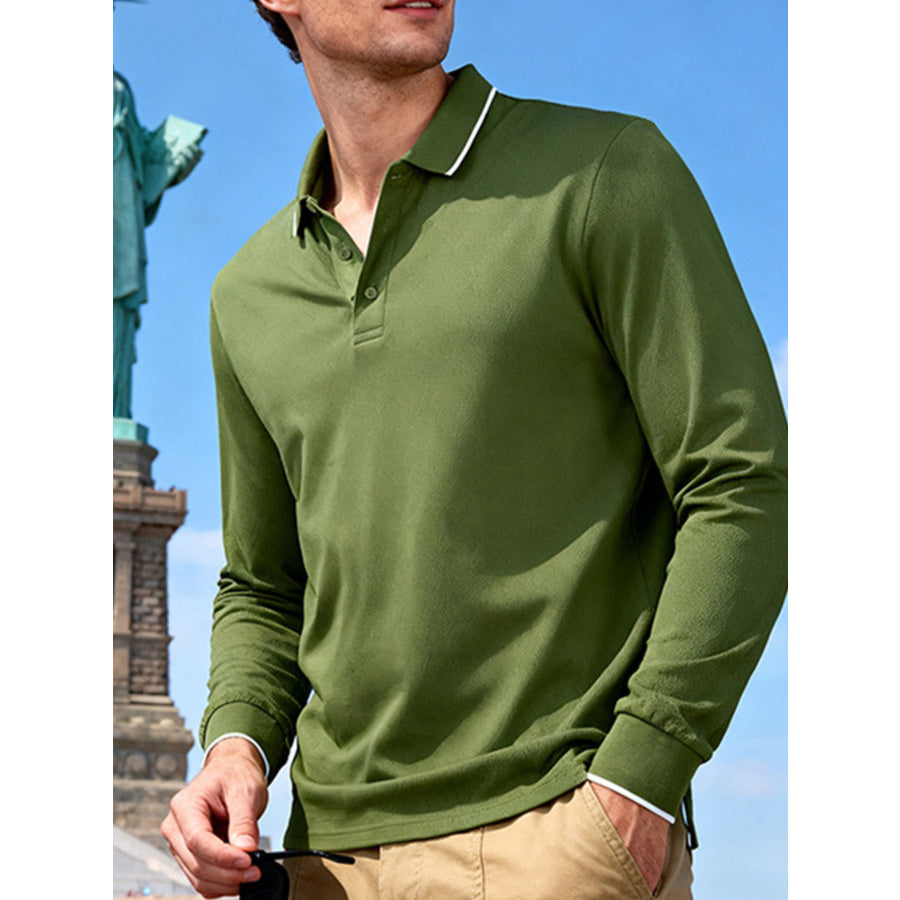 Men’s Full Size Classic Long-Sleeve Polo Shirt with Contrast Trim Plus Size Army Green / S Apparel and Accessories