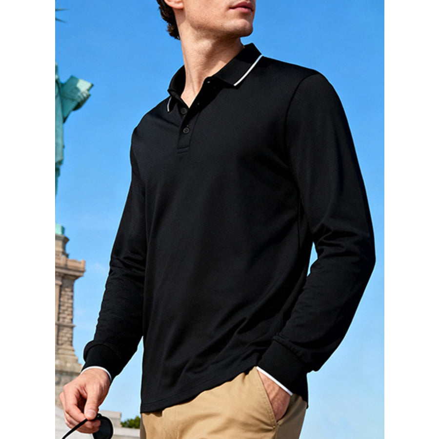 Men’s Full Size Classic Long-Sleeve Polo Shirt with Contrast Trim Plus Size Black / S Apparel and Accessories