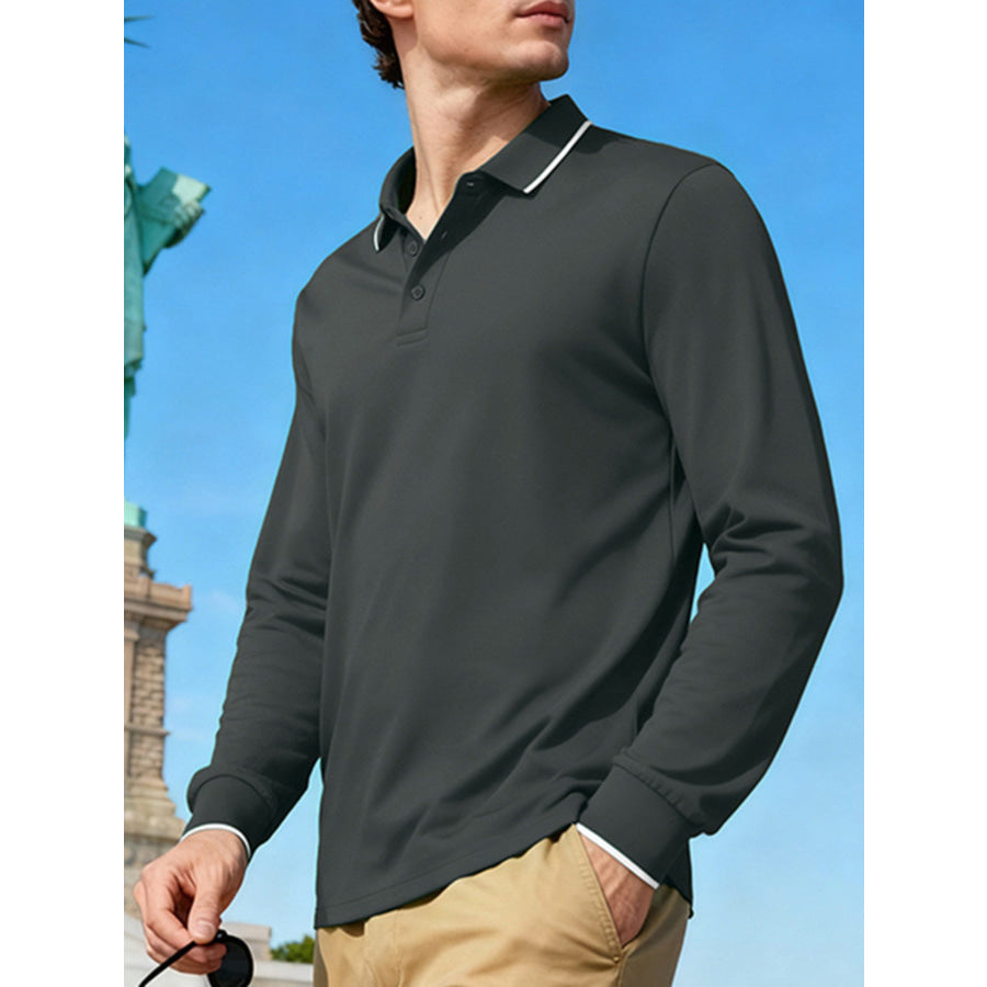 Men’s Full Size Classic Long-Sleeve Polo Shirt with Contrast Trim Plus Size Dark Gray / S Apparel and Accessories