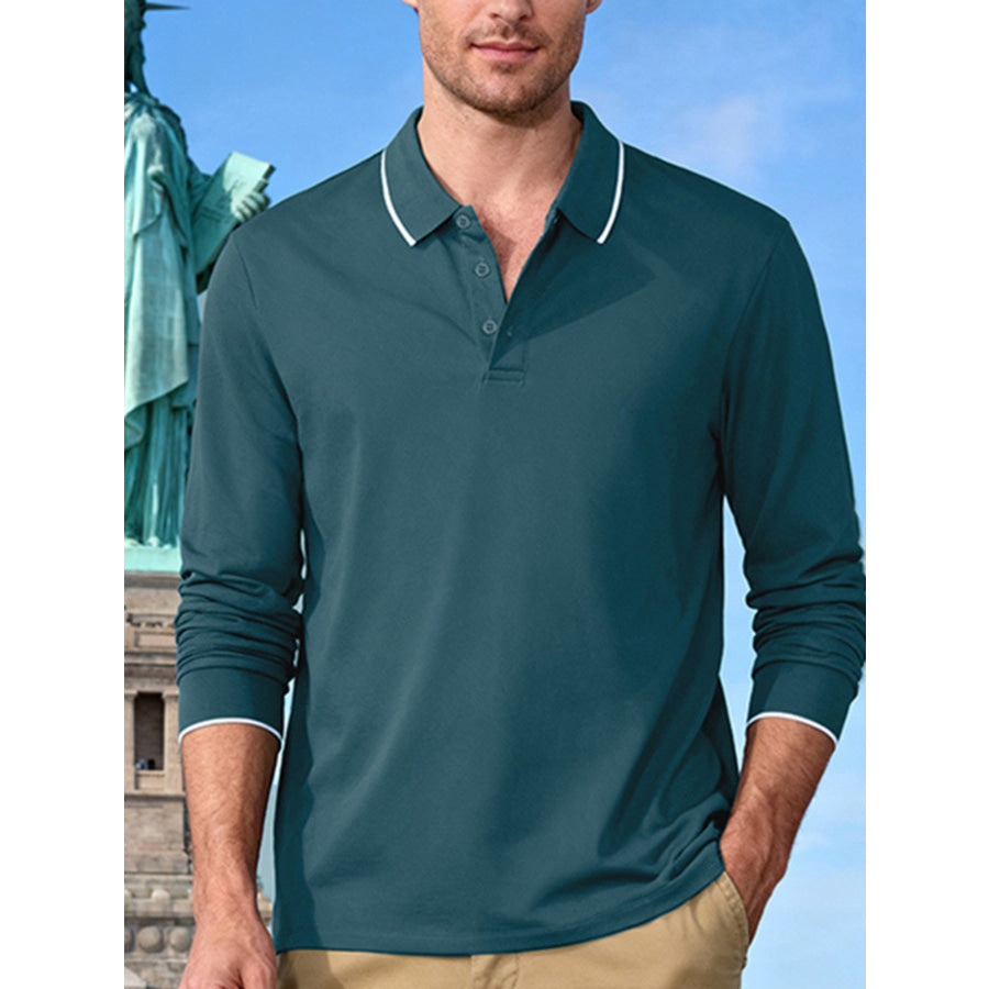 Men’s Full Size Classic Long-Sleeve Polo Shirt with Contrast Trim Plus Size Deep Teal / S Apparel and Accessories