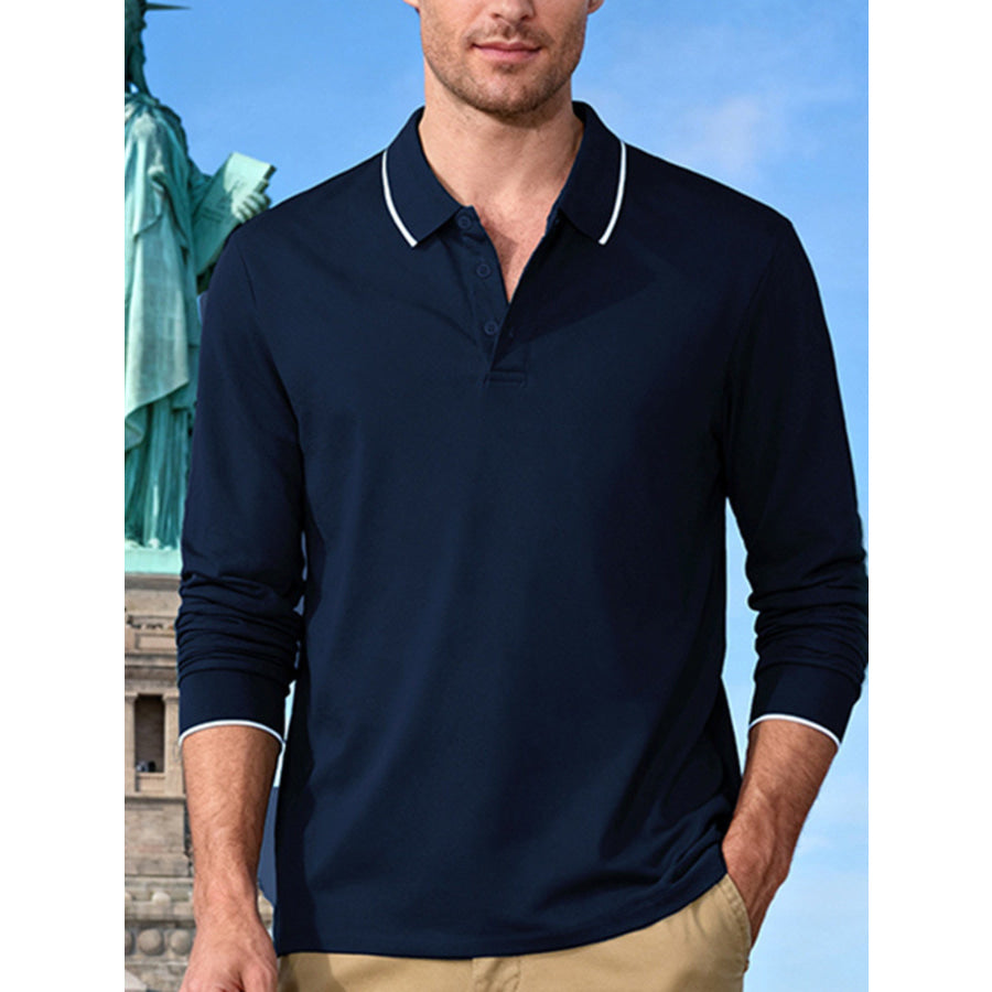 Men’s Full Size Classic Long-Sleeve Polo Shirt with Contrast Trim Plus Size Navy Blue / S Apparel and Accessories