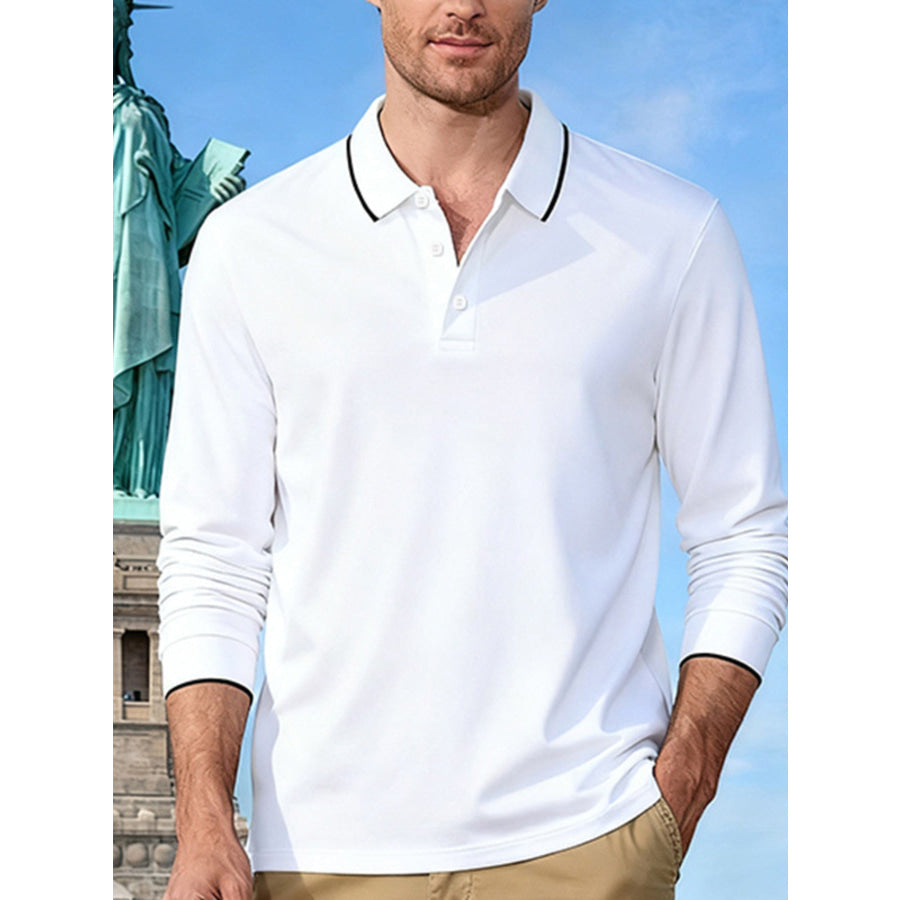 Men’s Full Size Classic Long-Sleeve Polo Shirt with Contrast Trim Plus Size White / S Apparel and Accessories