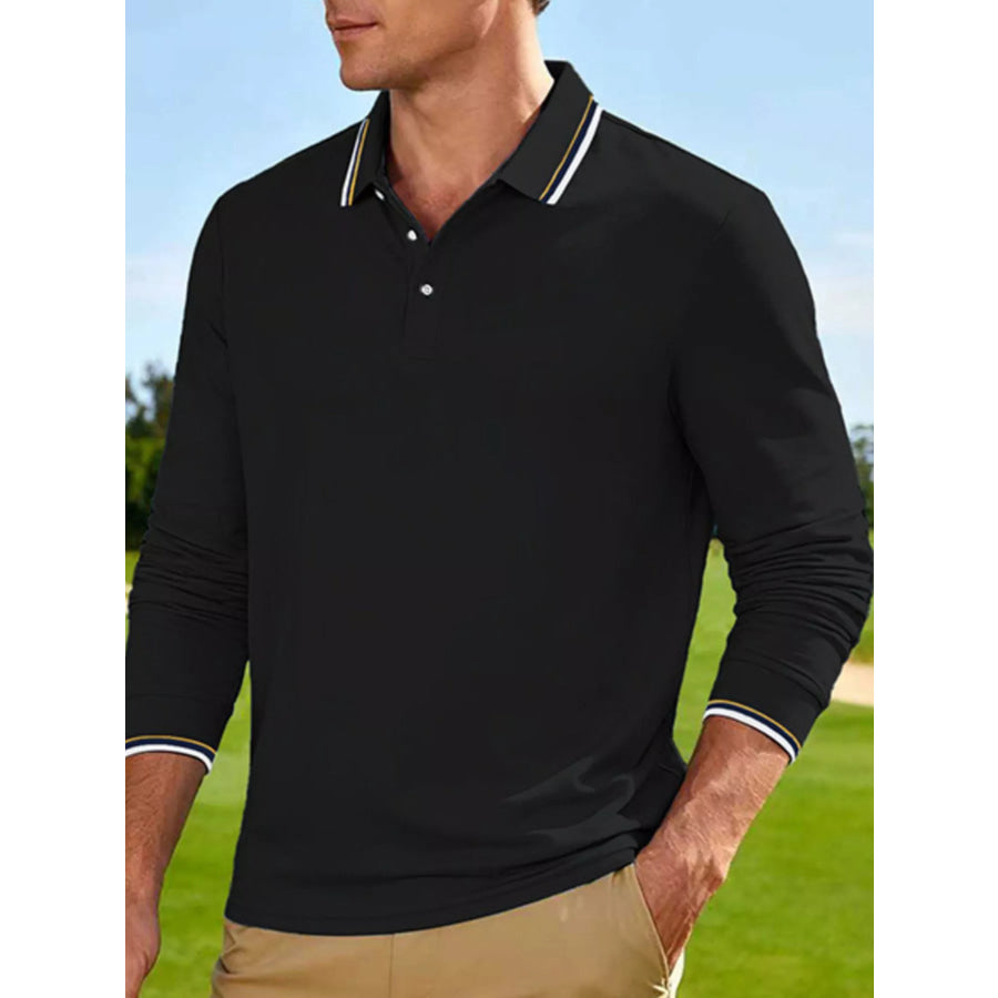 Men’s Full Size Classic Long-Sleeve Polo with Striped Collar Plus Size Apparel and Accessories