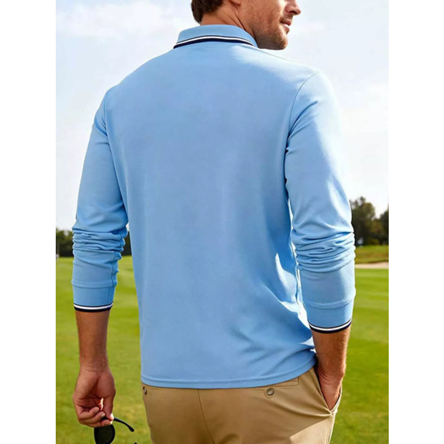 Men’s Full Size Classic Long-Sleeve Polo with Striped Collar Plus Size Apparel and Accessories