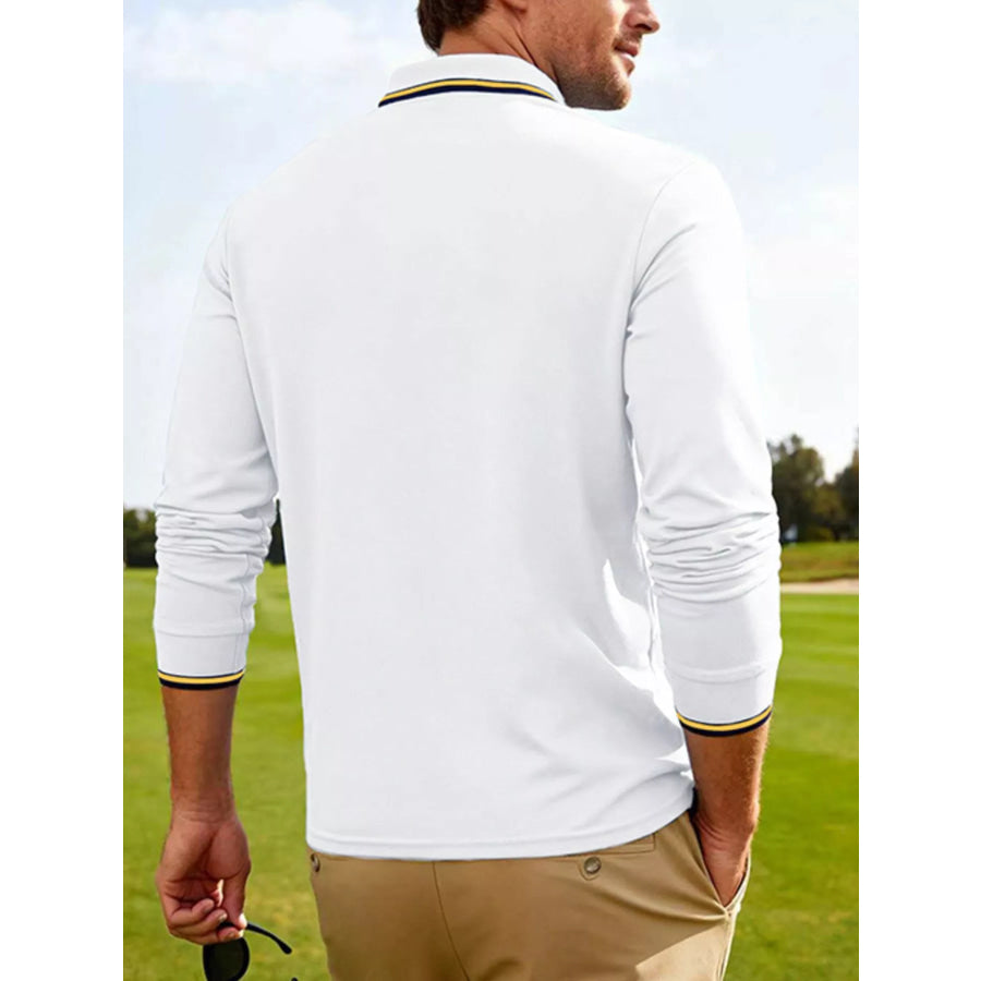Men’s Full Size Classic Long-Sleeve Polo with Striped Collar Plus Size Apparel and Accessories
