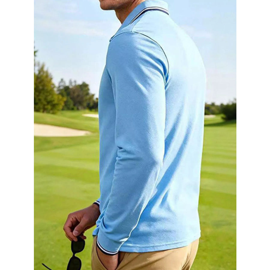 Men’s Full Size Classic Long-Sleeve Polo with Striped Collar Plus Size Apparel and Accessories