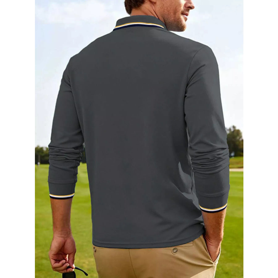 Men’s Full Size Classic Long-Sleeve Polo with Striped Collar Plus Size Apparel and Accessories