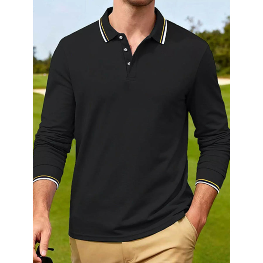 Men’s Full Size Classic Long-Sleeve Polo with Striped Collar Plus Size Black / S Apparel and Accessories