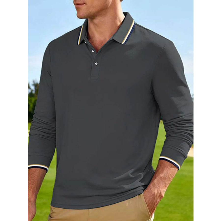 Men’s Full Size Classic Long-Sleeve Polo with Striped Collar Plus Size Dark Gray / S Apparel and Accessories