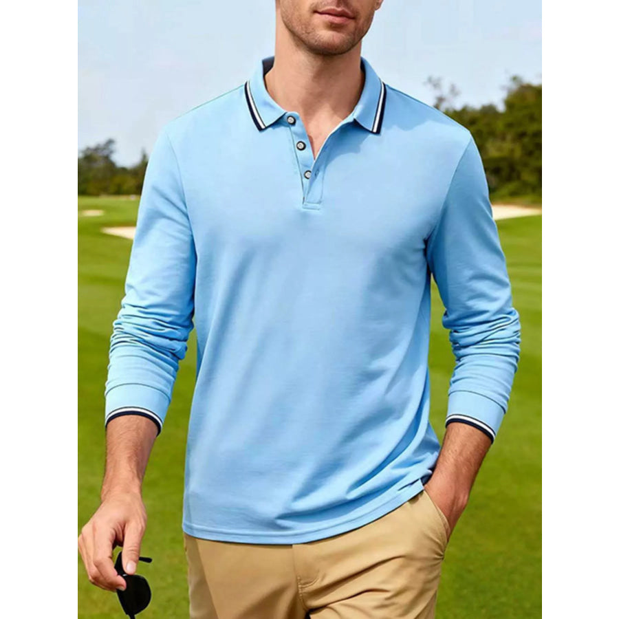 Men’s Full Size Classic Long-Sleeve Polo with Striped Collar Plus Size Light Blue / S Apparel and Accessories