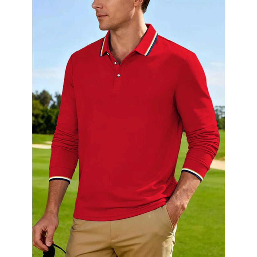 Men’s Full Size Classic Long-Sleeve Polo with Striped Collar Plus Size Red / S Apparel and Accessories